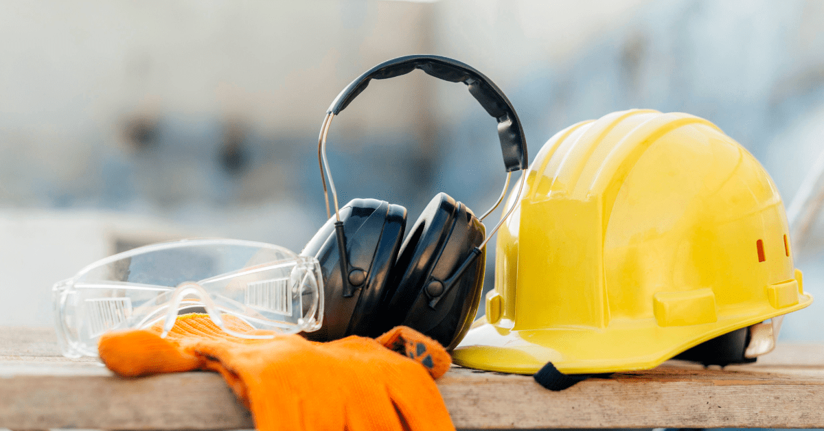 PPE for workers (headphones, glasses, hardhat, gloves)