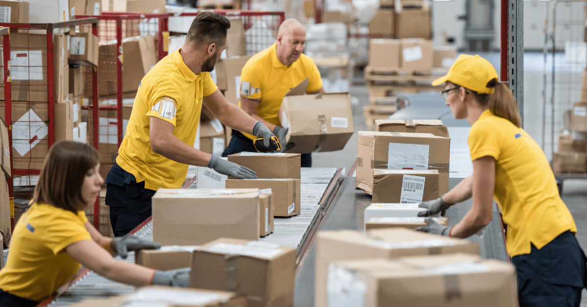 Several workers in yellow shirts, packing boxes
